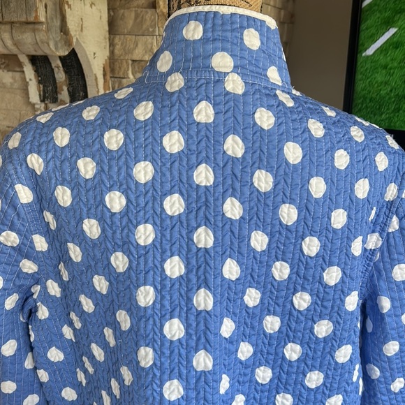 Patty Kim blue with white polka dots quilted roll sleeve open front jacket - Picture 9 of 16
